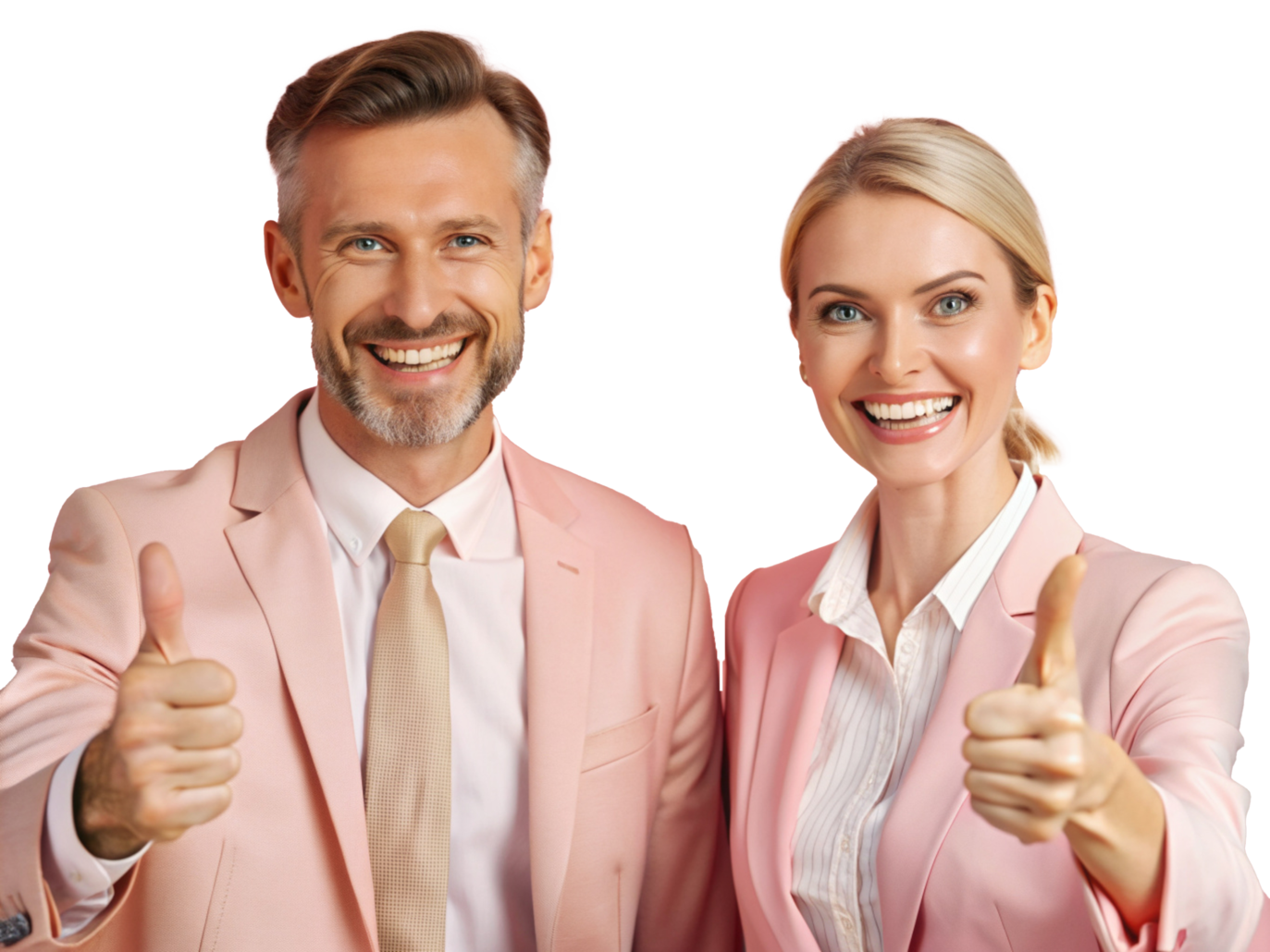 Smiling business professionals giving thumbs up in pink suits for success and financial confidence.